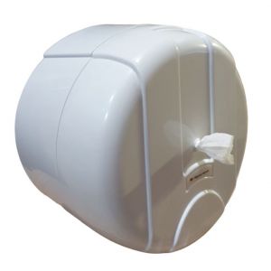 Dozownik do papieru toaletowego w roli centralnego dozowania typu Smart wykonany z tworzywa ABS, w kolorze białym.