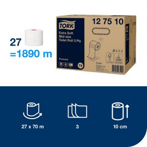 Papier toaletowy Tork Premium Extra compac, 3 warstwy, kolor biały, celuloza z makulaturą, 70m. 27 rolek/op. system T6