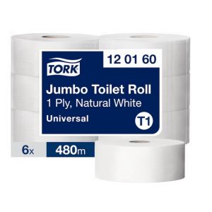 Papier toaletowy Tork maxi jumbo, 1 warstwa, kolor szary, makulatura, 480m, 6 rolek/op, system T1