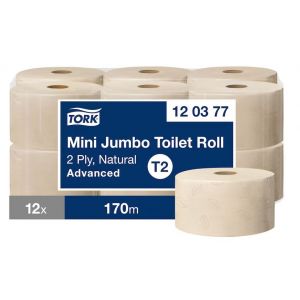 Papier toaletowy Tork mini jumbo, 2 warstwy, kolor naturalny, produkt wykonany w 100% z włókien pochodzących z recyklingu, 170m, 12 rolek/op. system T2