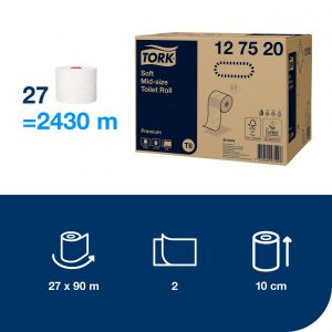 Papier toaletowy Tork Premium Soft compact, 2 warstwy, kolor biały, celuloza z makulaturą, 90m. 27 rolek/op., system T6