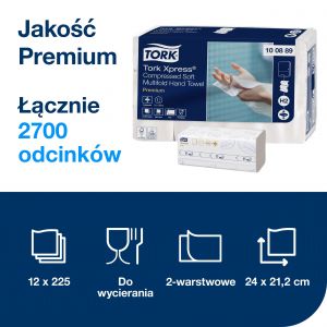 Ręcznik papierowy Premium składany 3 panelowy, 2 warstwy, celuloza, 2700 szt./op.(21,2x24) system H2