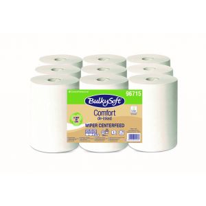 Ręcznik papierowy w roli centralnego dozowania mini BulkySoft Comfort De-inked, 2 warstwy, kolor biały, celuloza z recyklingu, długość 60m, 9 rolek/op