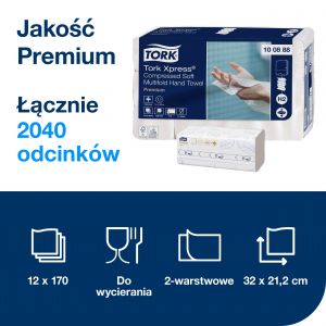 Ręcznik papierowy Tork Premium składany 4 panelowy, 2 warstwy, celuloza, 2040 szt./kart.(21,2x32) system H2, skompensowany.