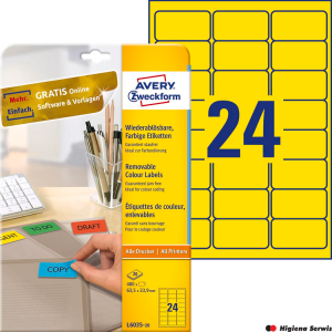 Etykiety żółte L6035-20 63,5 x 33,9 20 ark. usuwalne Avery Zweckform