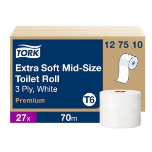 Papier toaletowy Tork Premium Extra compac, biały, ekstra miękki, 3 warstwy, celuloza + makulatura.  Długość rolki 70 cm.  Opakowanie zawiera 27 rolek. system T6