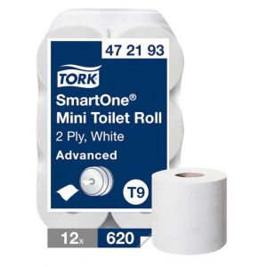 Papier toaletowy Tork SmartOne mini jumbo, 2 warstwy, kolor biały, makulatura z celulozą, 111m, 12 rolek/op, system T9