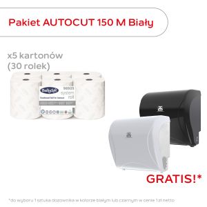 BulkySoft Pakiet 30 rolek ręcznika w roli autocut PRO MEMBRANE PLUS 3w. 150m, biały, celuloza  + dozownik autocut 01372 czarny za 1 zł 
