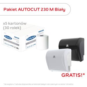 BulkySoft Pakiet 30 rolek ręcznika w roli autocut PRO BulkySoft 2w.230m. biały, celuloza + dozownik autocut 01371 biały za 1 zł. netto