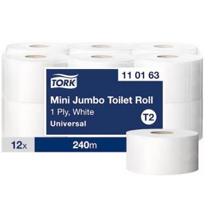 Papier toaletowy Tork mini jumbo, 1 warstwa. kolor biały, makulatura, 240m, 12 rolek/op. system T2